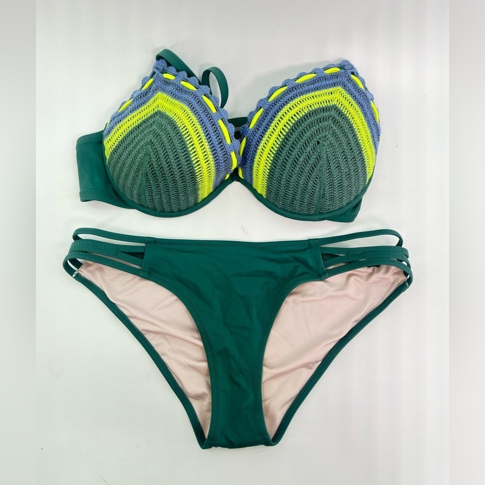 Shade & Shore green crochet underwire bikini swimsuit set beach swimwear 34D & S - Picture 3 of 9